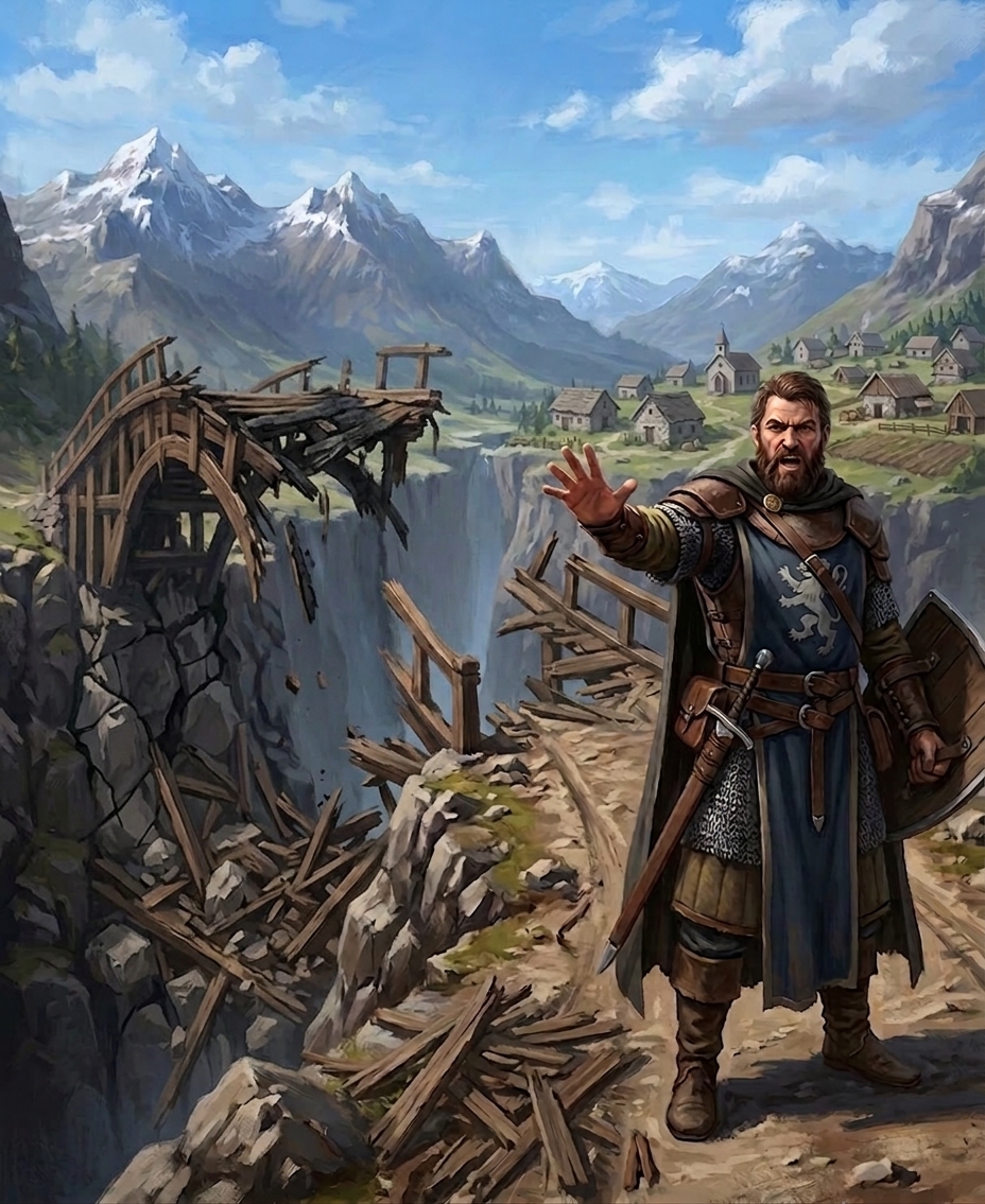 Bruno, the bridge guard, hand raised warning the traveler not to go further, while the broken bridge hangs over the ravine behind him